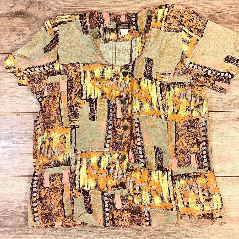 Marilyn yellow, brown, and beige abstract patchwork button up blouse (16W)